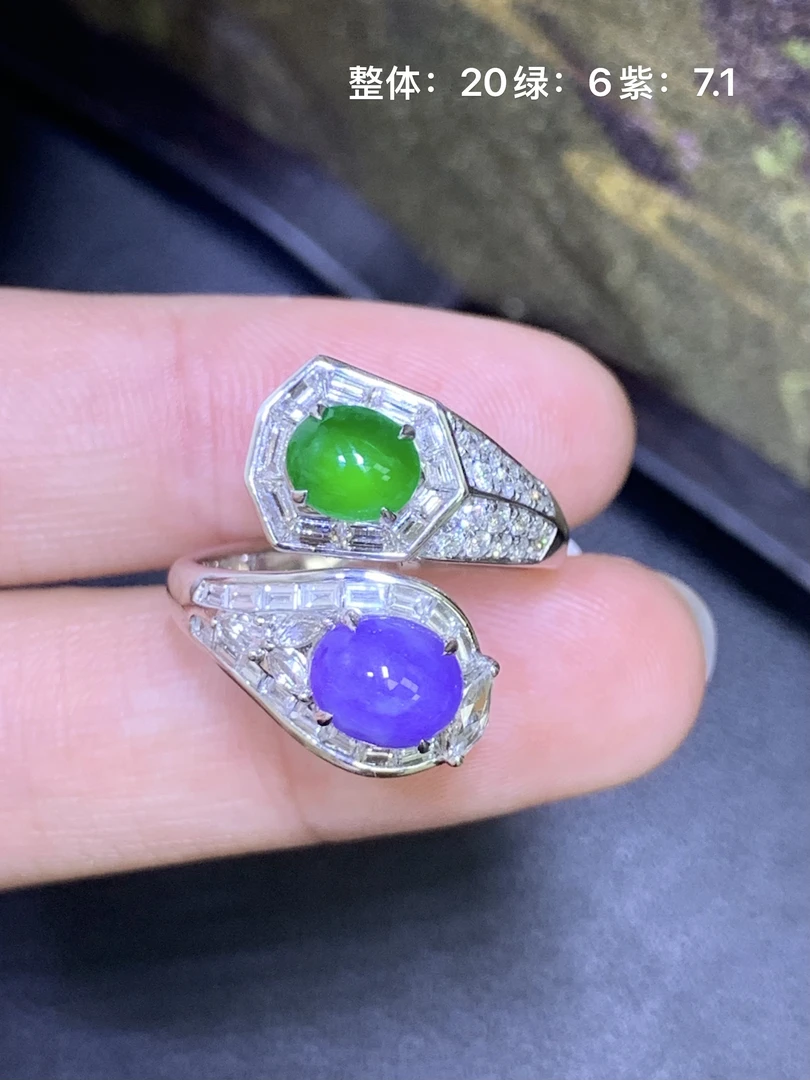 满色紫.绿双蛋面戒指 天然翡翠A货LZ/6.15精美时尚豪华镶嵌气质