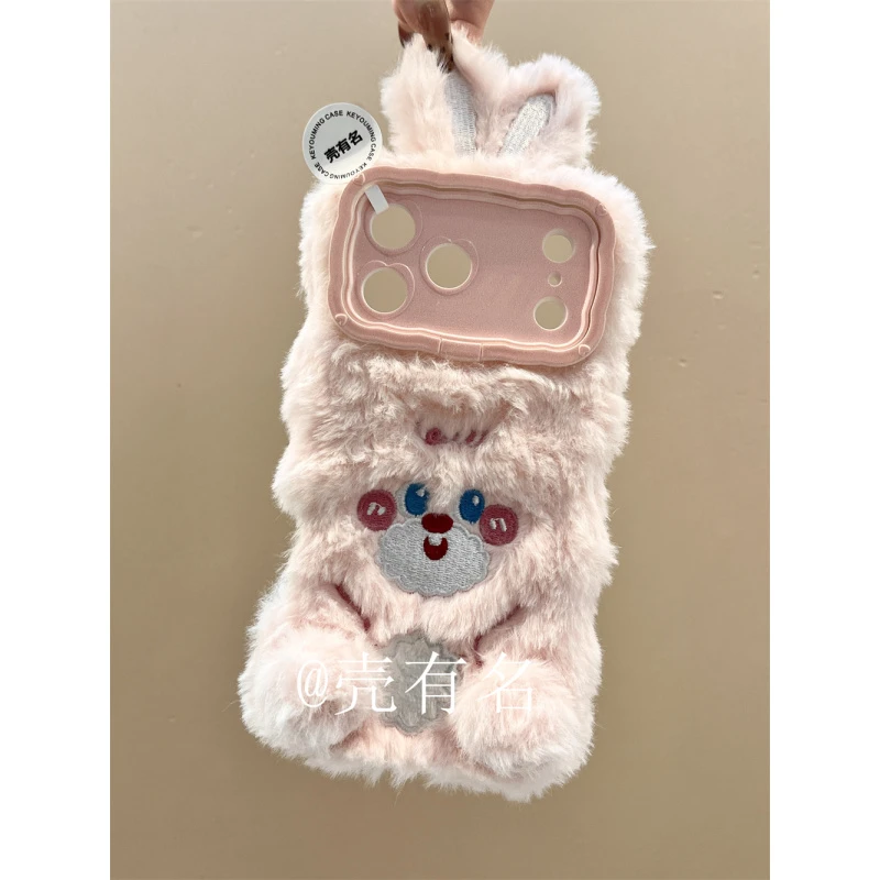 毛绒立体耳朵腮红兔镜头支架挂绳适用苹果17手机壳iPhone16/15/14