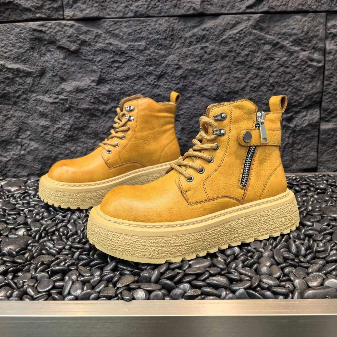 时尚潮流轻奢男鞋秋冬款马丁靴英伦厚底防滑保暖百搭软底增高休闲