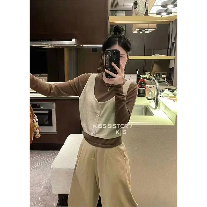 【白拼可可色】3443超柔软高品质圆领假两件上衣