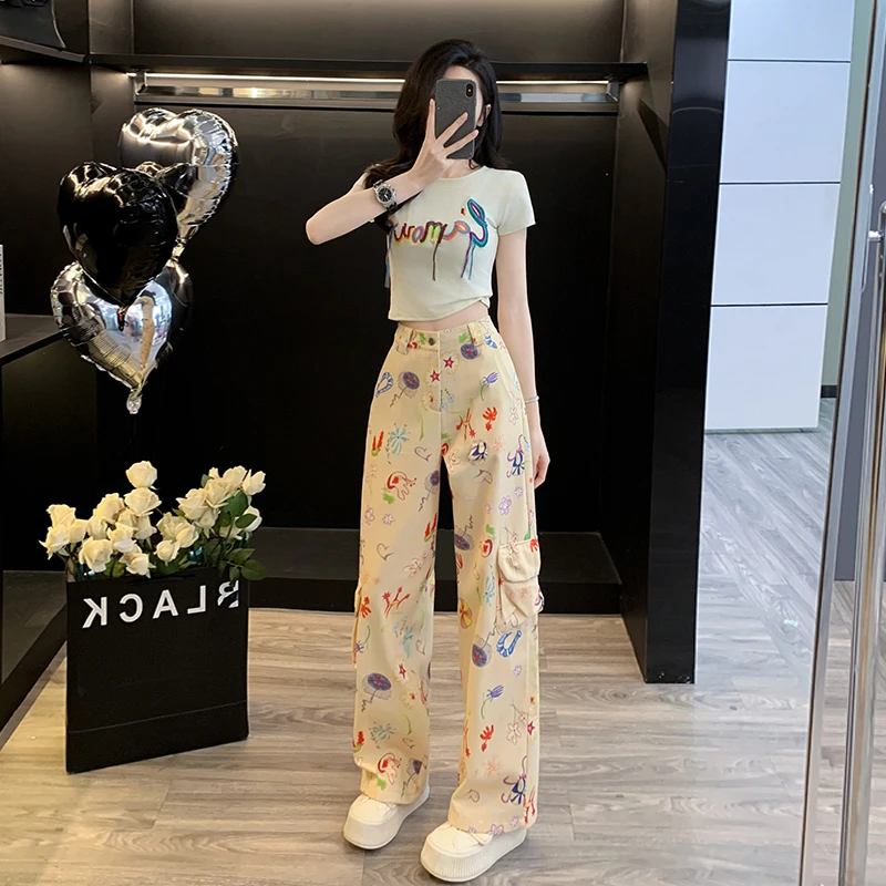 时尚休闲夏季减龄半袖t恤女上衣短袖显瘦网红洋气复古牛仔阔腿裤