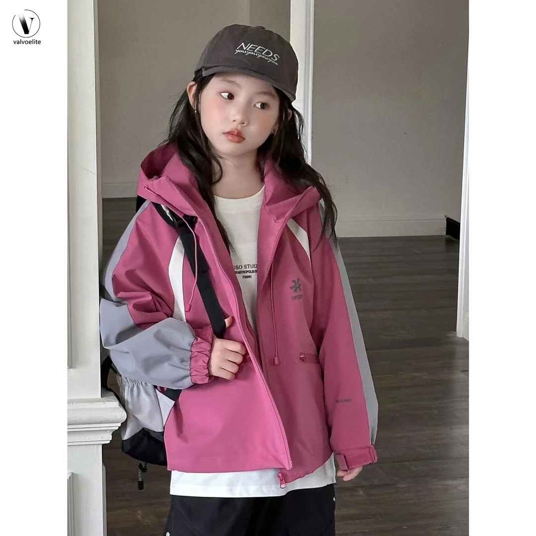 VALVOELITE女童外套新款儿童冲锋衣秋季连帽上衣大童装洋气时髦酷