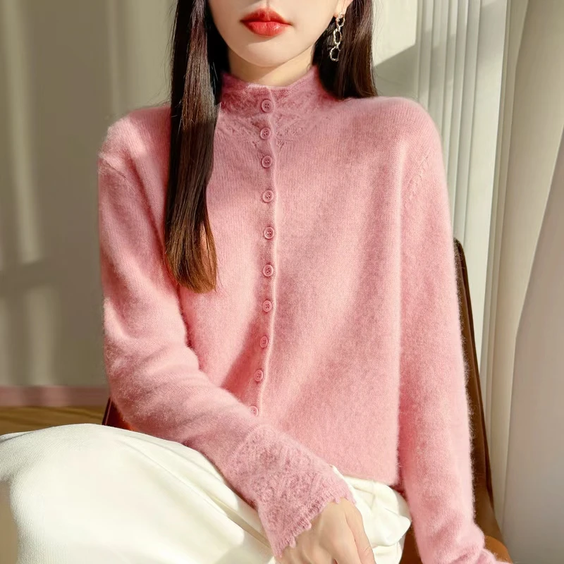 【设计师款】100纯羊毛衫精致翻领高领单排扣厚款百搭时尚针织衫女