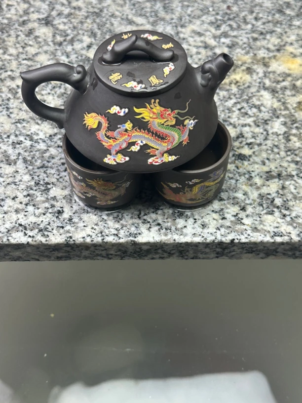 紫泥变色龙凤石瓢壶 一壶两杯