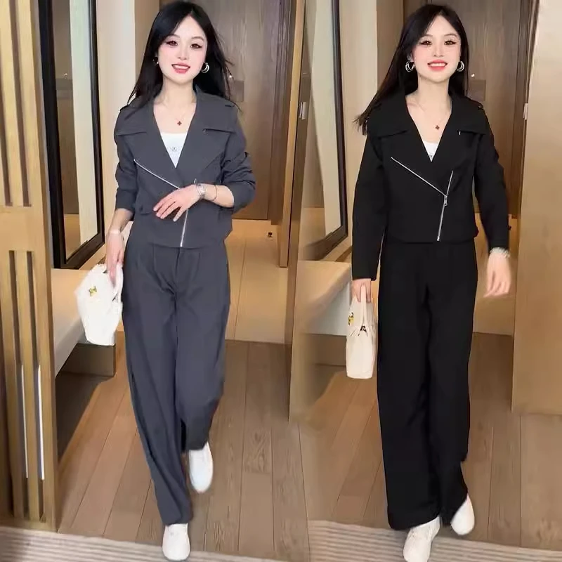 时尚休闲套装女2025春季新款洋气百搭设计感短外套阔腿裤两件套潮