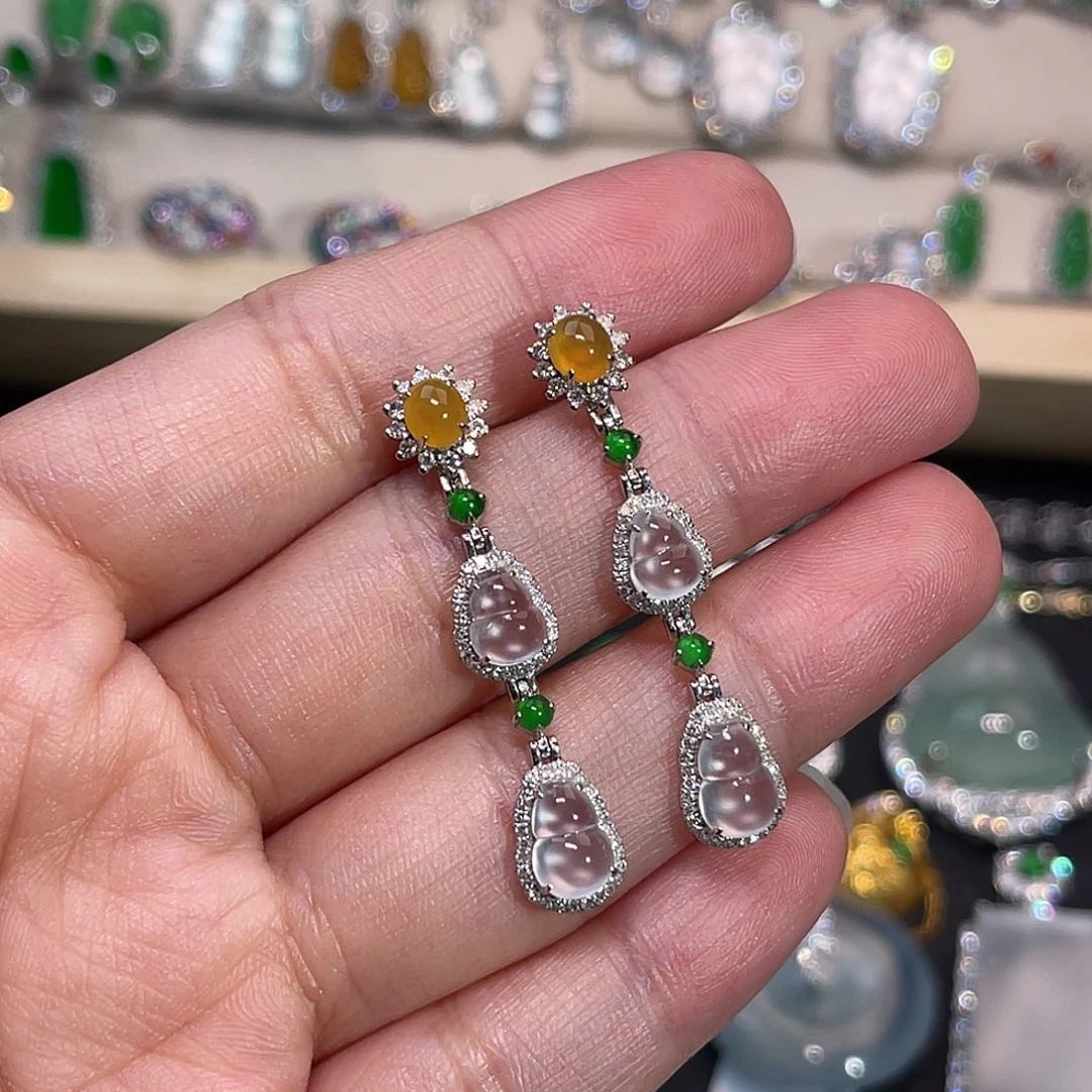 翡翠18K金镶嵌耳饰双葫芦