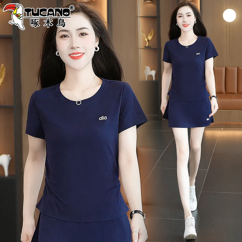 啄木鸟跑步短裤运动套装女夏薄款2025新款冰丝短袖裙裤休闲两件套