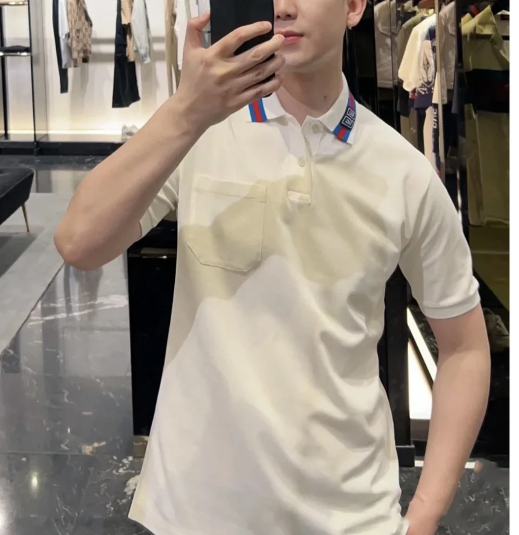 未使用 GUCCI/古驰 男士白色休闲条纹领口刺绣红蓝色短袖POLO