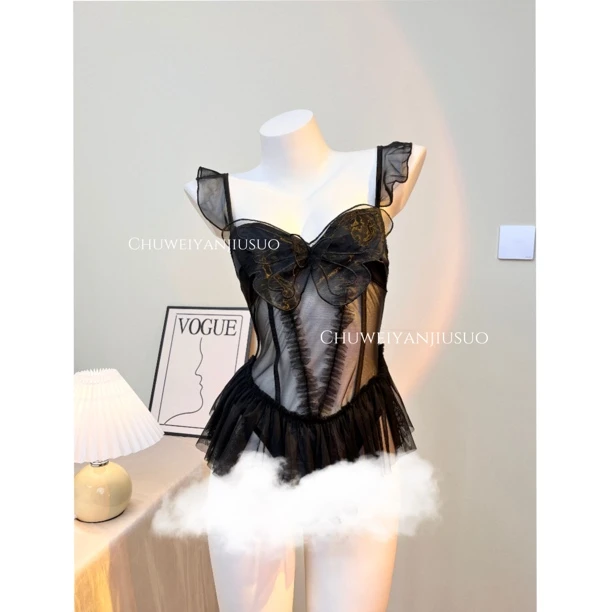 【初味 蝴蝶精灵 】性感立体蝴蝶吊带睡裙小胸可爱网纱吸管少女