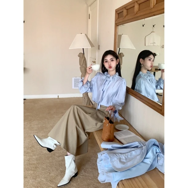 【赵小小&巴黎美术馆】7263 法式荷叶边蓝色系带衬衫设计感休闲上衣