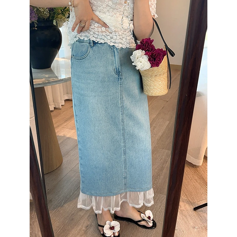 【智雅微胖定制】【浅蓝花语】夏季百搭高腰蕾丝花边牛仔裙Z525Z11742