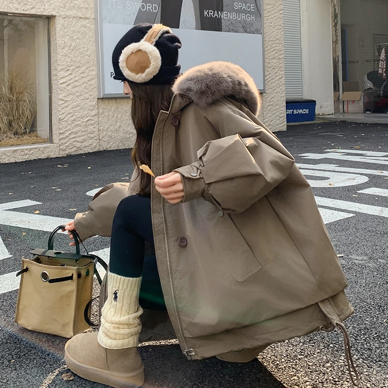 摩卡色大毛领连帽羽绒服女冬季新款高级感重工90白鸭绒工装派克服