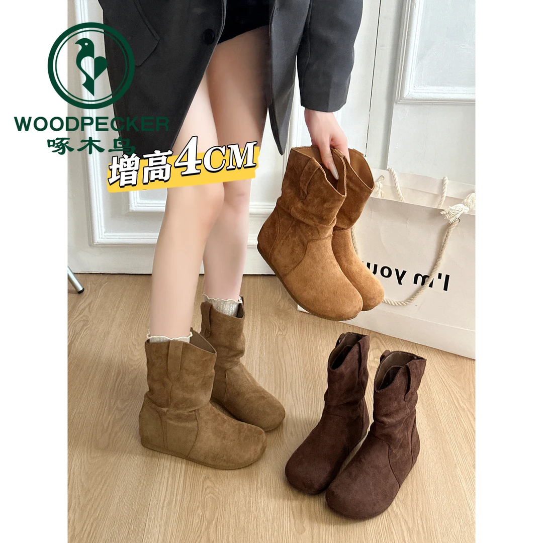 啄木鸟法式内增高圆头勃肯鞋短靴女2025秋季新款堆堆靴韩系马丁靴