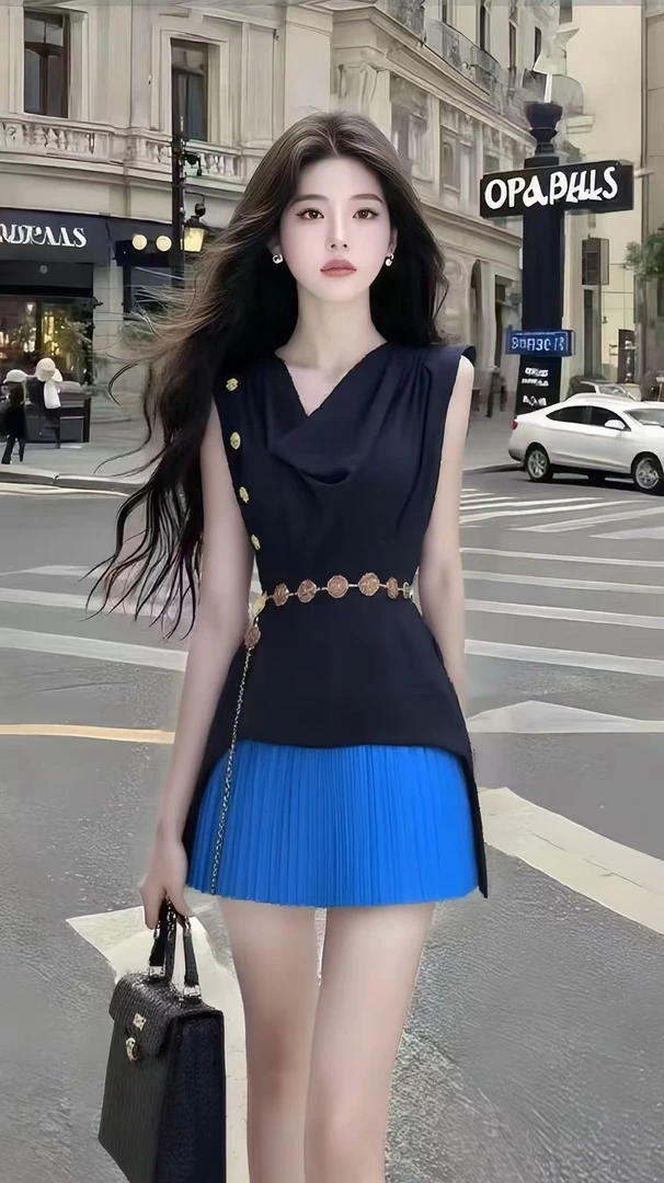 蓝色时尚轻奢无袖V领短裙小众设计感短裙高腰连衣裙女装修身显瘦