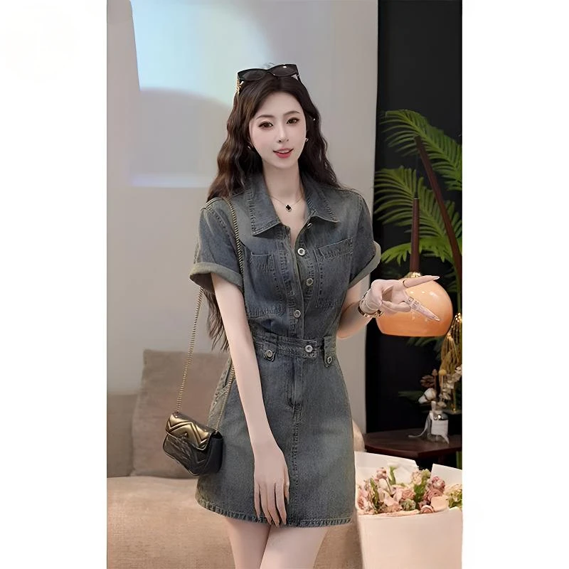 牛仔连衣裙 A字裙翻领夏季短袖洋气衣服显瘦显高网红洋气炸街女装