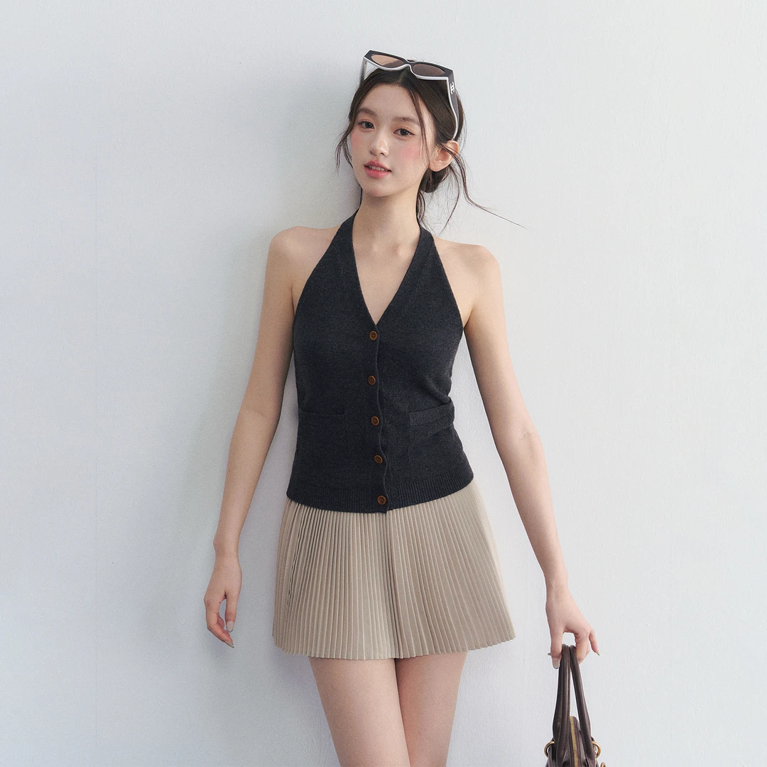 OIOI ESSE | 100%羊毛高品质毛线细腻V领修身挂脖背心显瘦上衣女