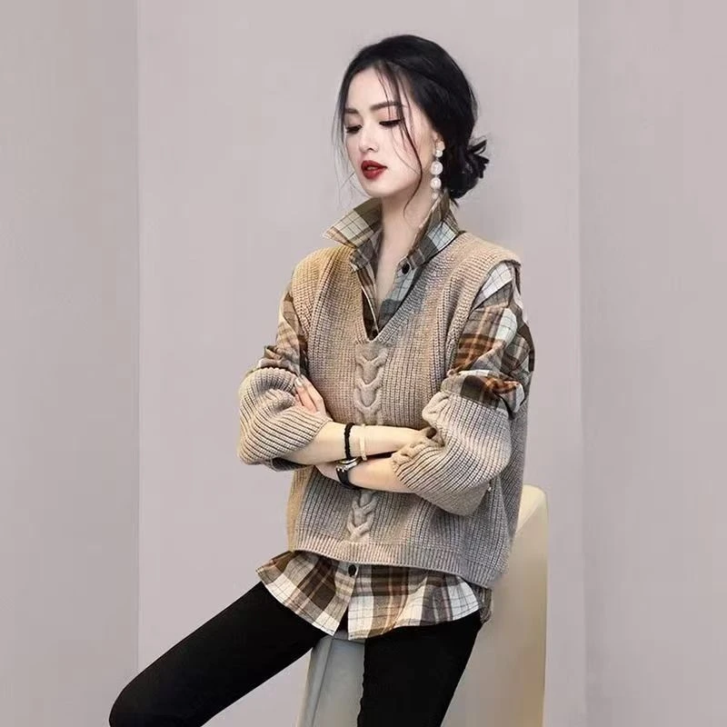 洋气格子衬衫针织背心马甲两件套装2025秋冬新款高级感叠穿假两件