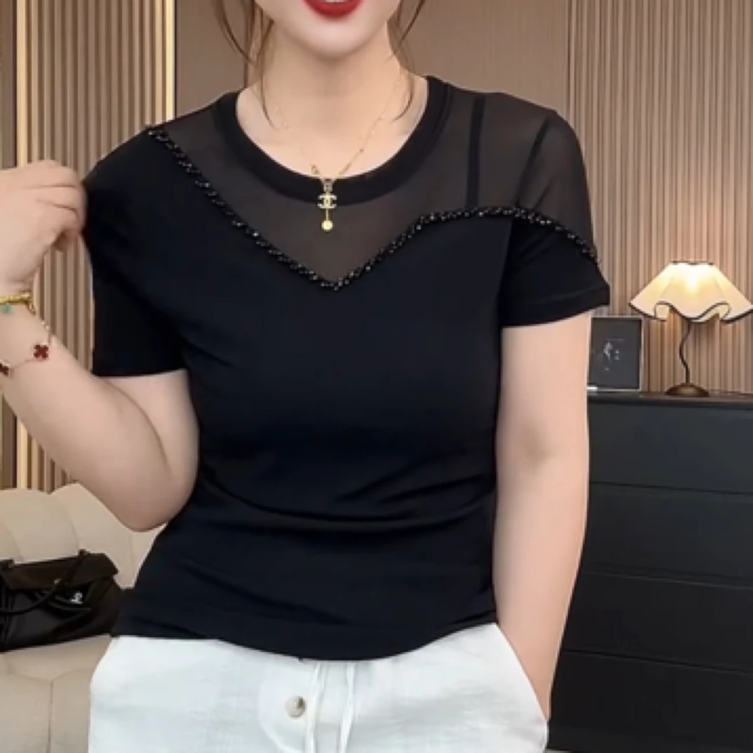 网纱短袖t恤女2025新款夏季设计感上衣独特钉珠黑色圆领显瘦