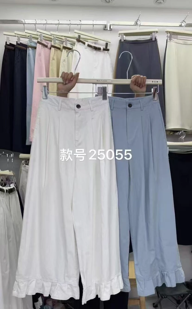 韩系木耳花边休闲裤女夏薄款宽松直筒显瘦九分小个子阔腿裤25055