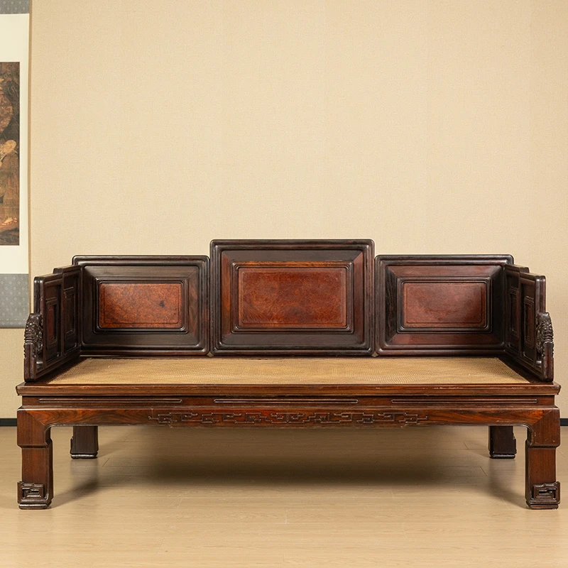清 红木镶瘿木七屏式罗汉床古董收藏