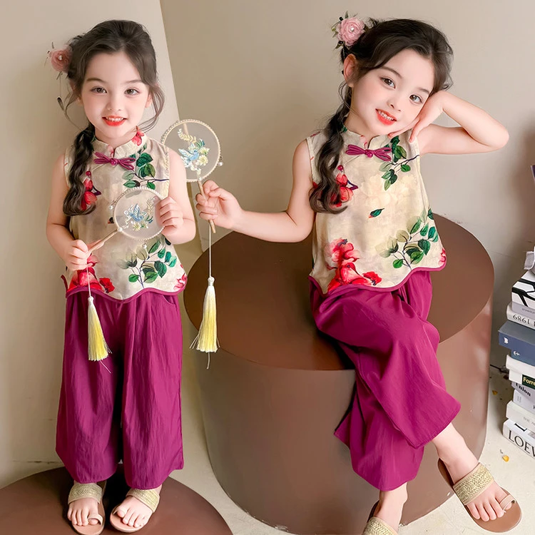 女童中国风套装2025夏装新款洋气复古风旗袍上衣加阔腿裤两件套
