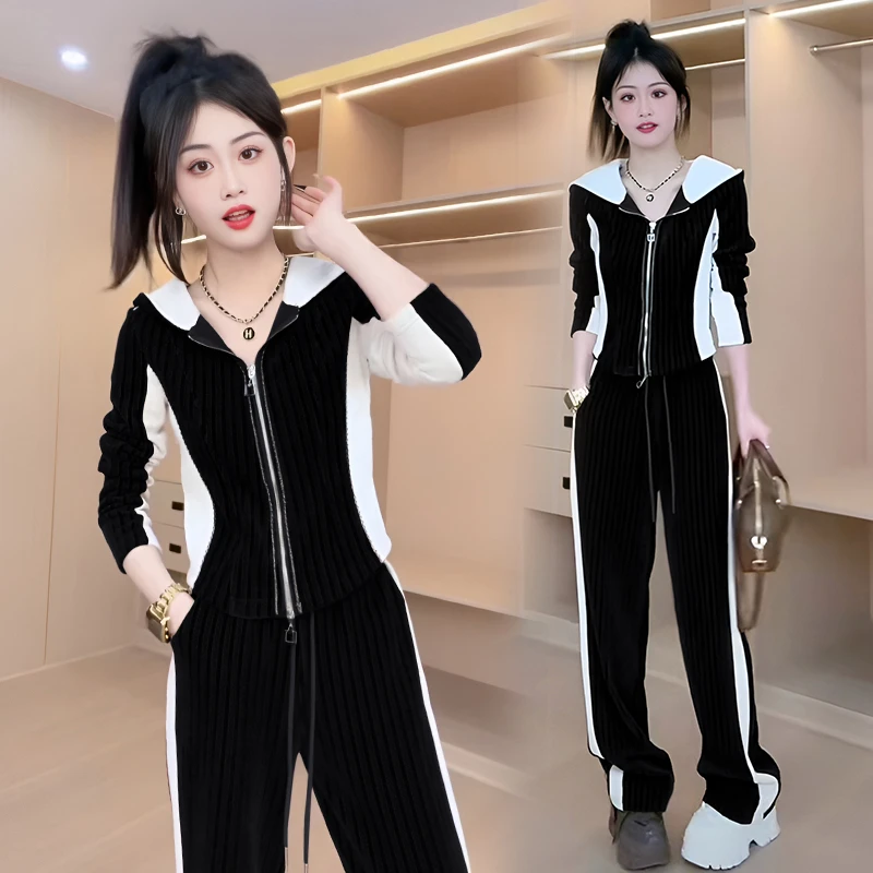 春秋新款套装女2025洋气感修身短款卫衣高休闲女款卫衣阔腿裤套装