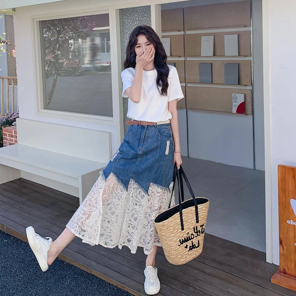 高级感御姐穿搭套装女2025夏季新款短袖蕾丝拼接牛仔半身裙两件套