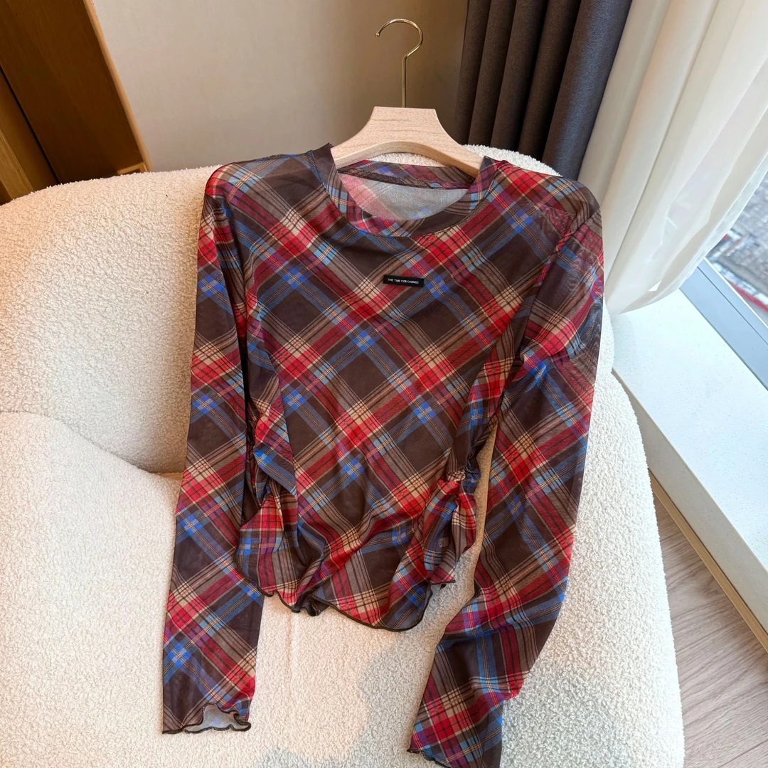 Barbie【薇薇推荐】60126春季美式复古格子收腰圆领T恤打底上衣