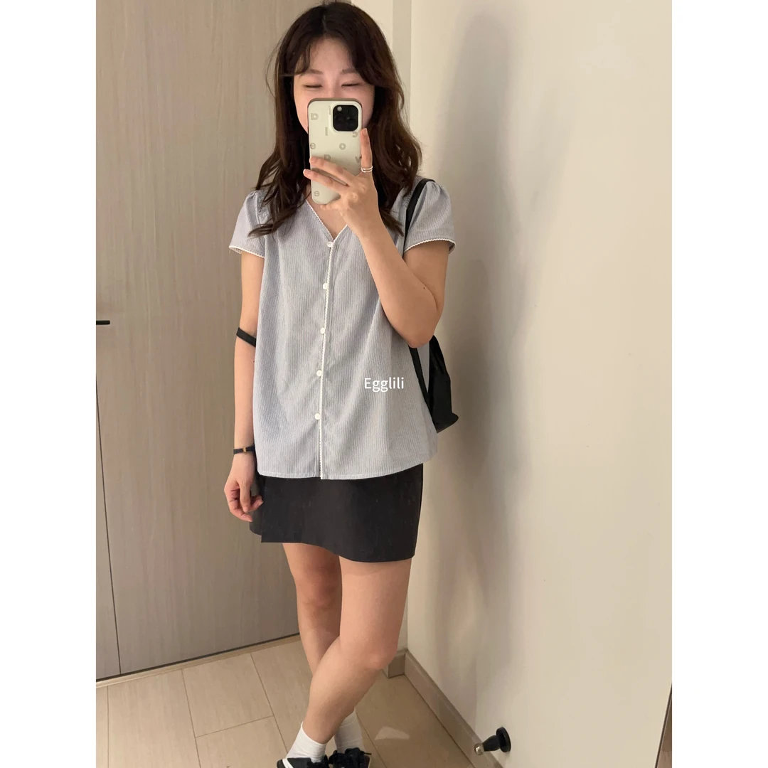 【花边条纹小衫】韩系排扣小衫