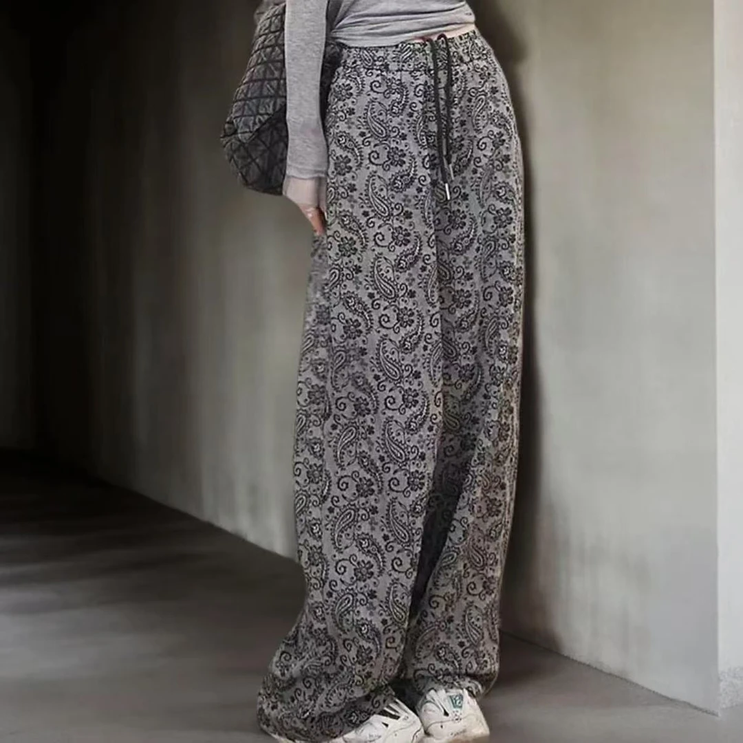 醋酸复古印花休闲裤女夏季松紧腰显瘦气质时髦洋气百搭直筒阔腿裤