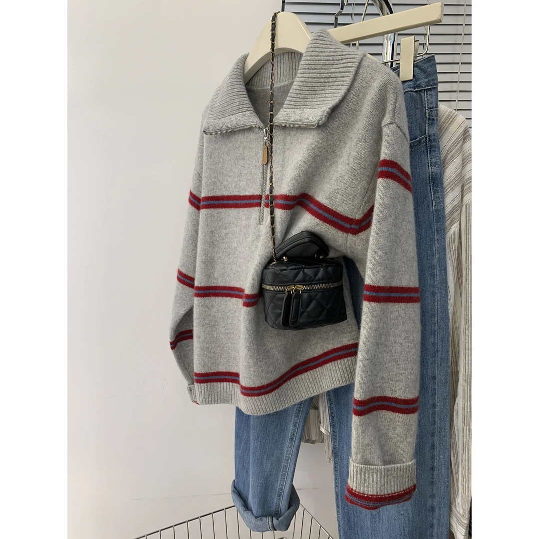 满眼都是品调！半拉链条纹毛衣女秋冬季慵懒风针织衫套头宽松上衣