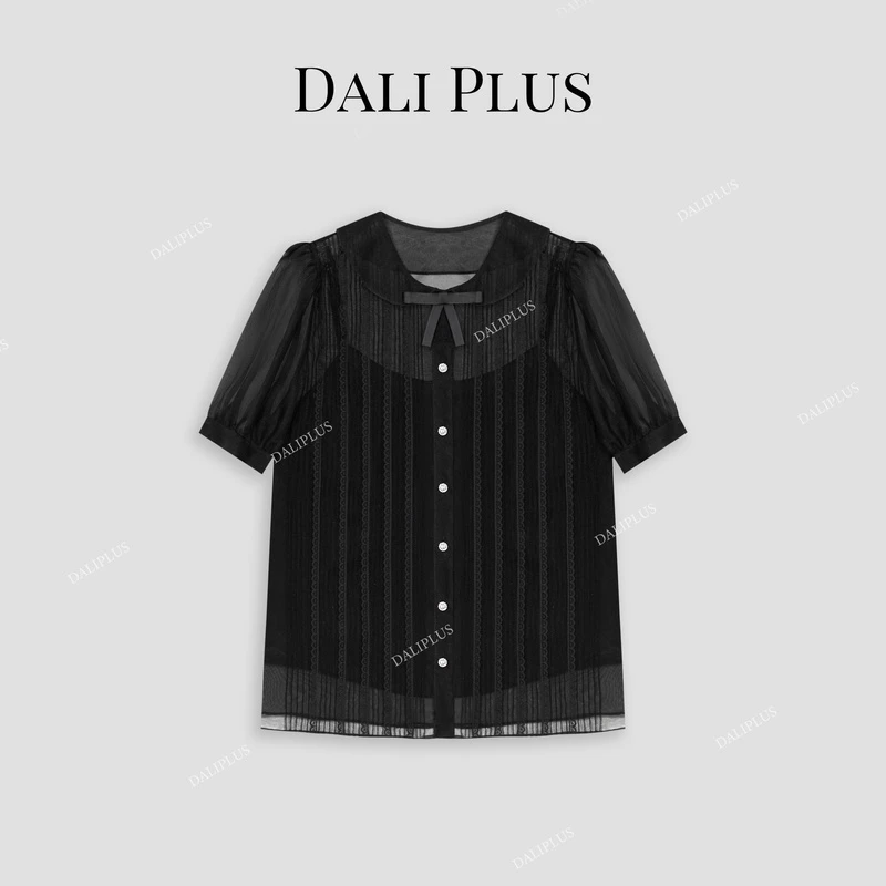 DALI PLUS重磅桑蚕丝两件套蕾丝竖条纹镂空黑色短袖衬衫-D4ST0049