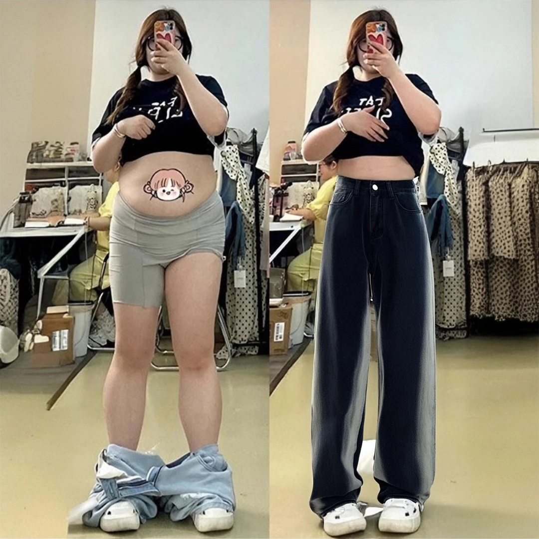 大码女装复古黑色渐变牛仔裤女胖mm显瘦藏肉宽松高腰直筒阔腿裤子