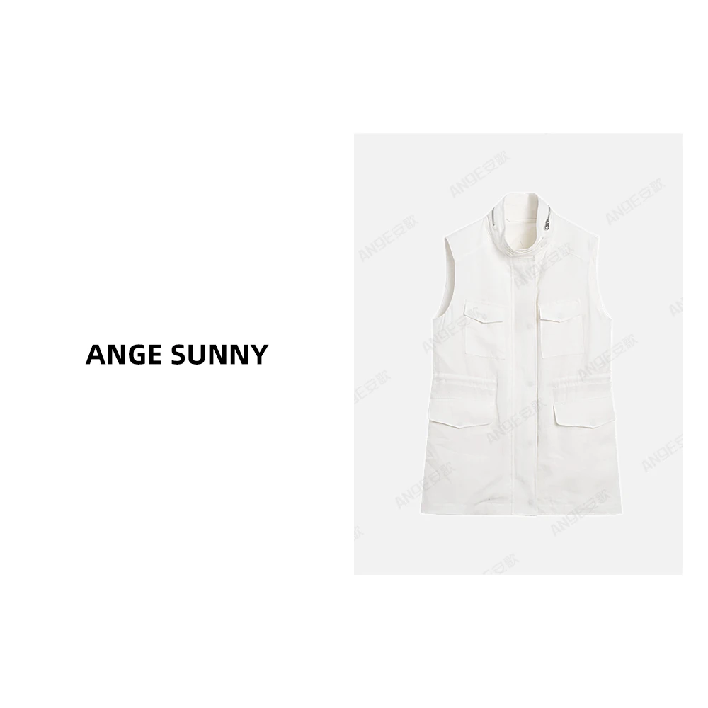 ANGE SUNNY【亚麻套装 背心马甲】时尚口袋圆领无袖拉链开合马甲