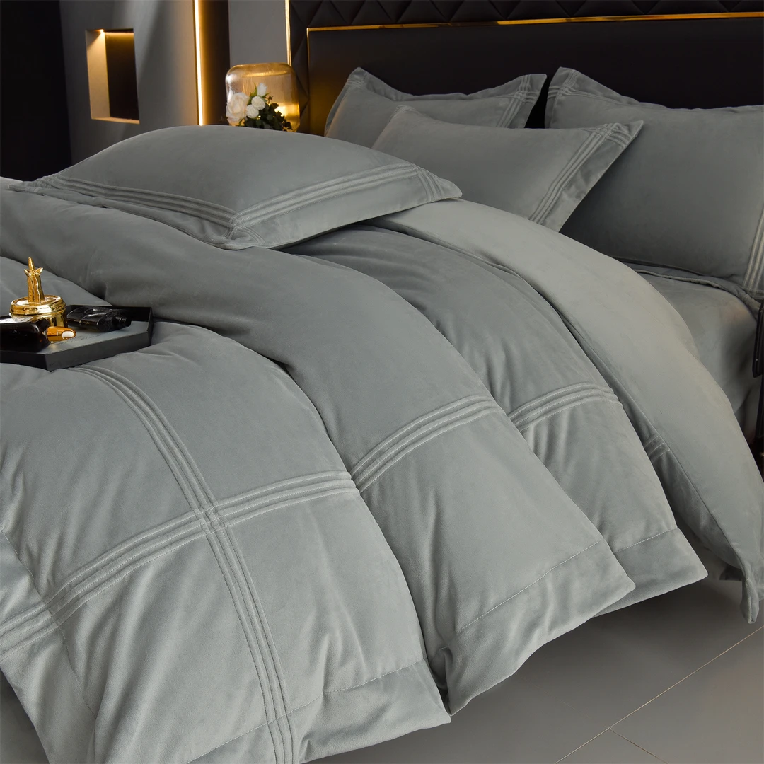 A类婴儿绒加厚消光牛奶绒烂花款埋线四件套纯色简约绒被套-奈斯