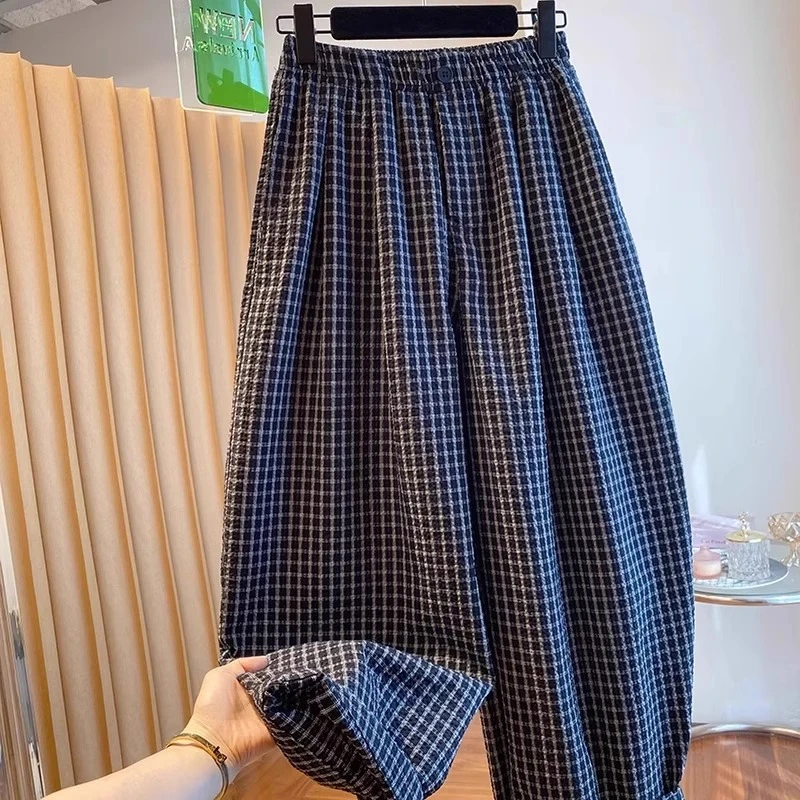 高级感百搭格子休闲裤女2025夏季薄款胖mm高腰宽松阔腿九分气球裤