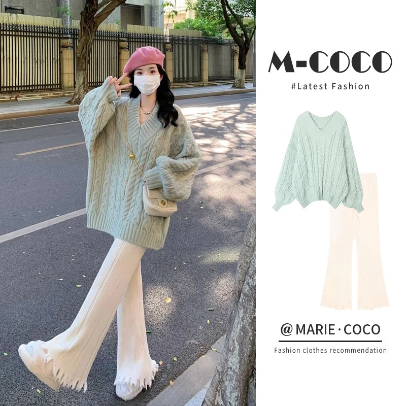 孕妇装秋冬季2025新款韩版慵懒风加厚麻花V领毛衣显瘦毛边阔腿裤