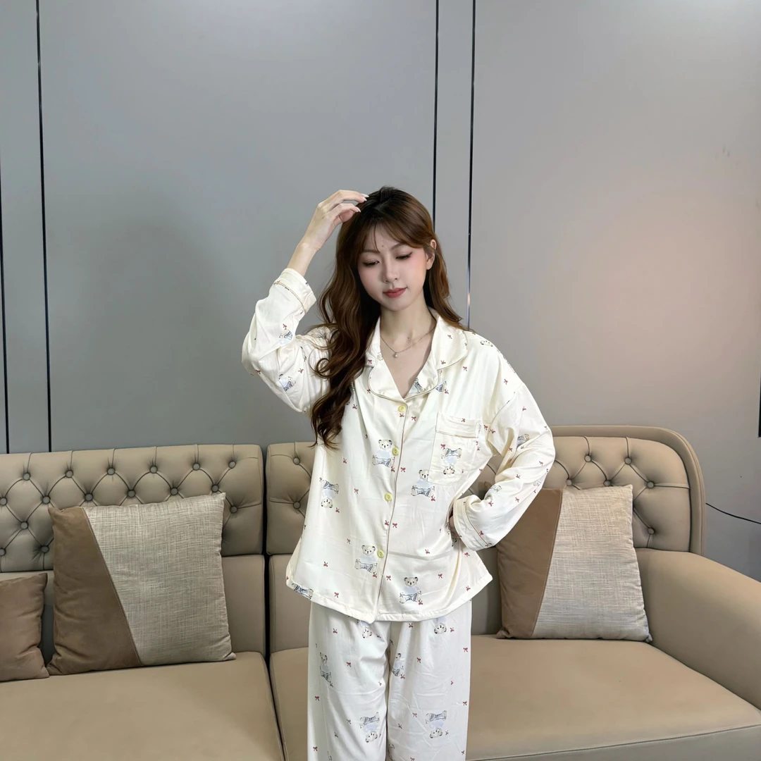 长袖冬季长裤圆领带胸垫睡衣家居服套装女士舒适套装透气