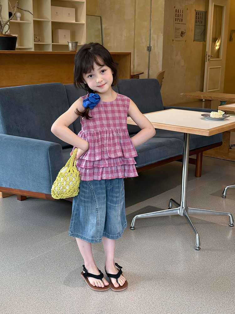 【依妈童品】女童层次感花边无袖拼接皱感格子背心娃娃衫 25D058
