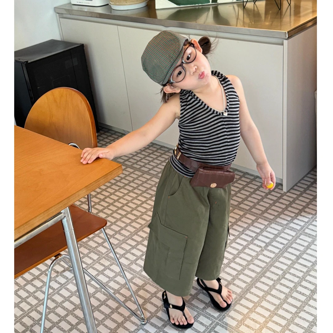 小思家女童2025夏气质韩版辣妹风露背挂脖条纹背心休闲阔腿裤套装