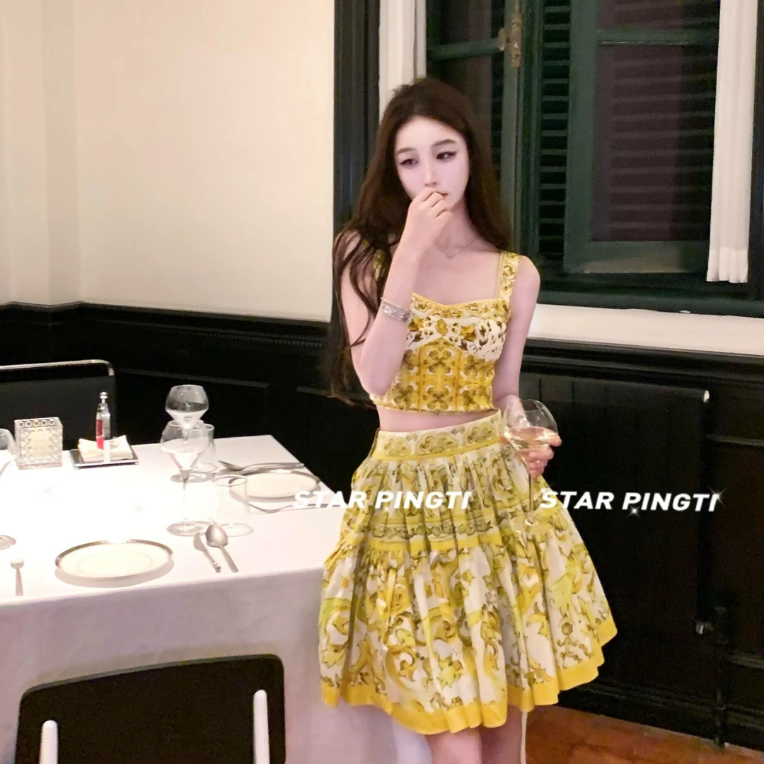 新款气质半身裙套装生日女轻奢名媛印花半身短裙裙子连衣裙两件套