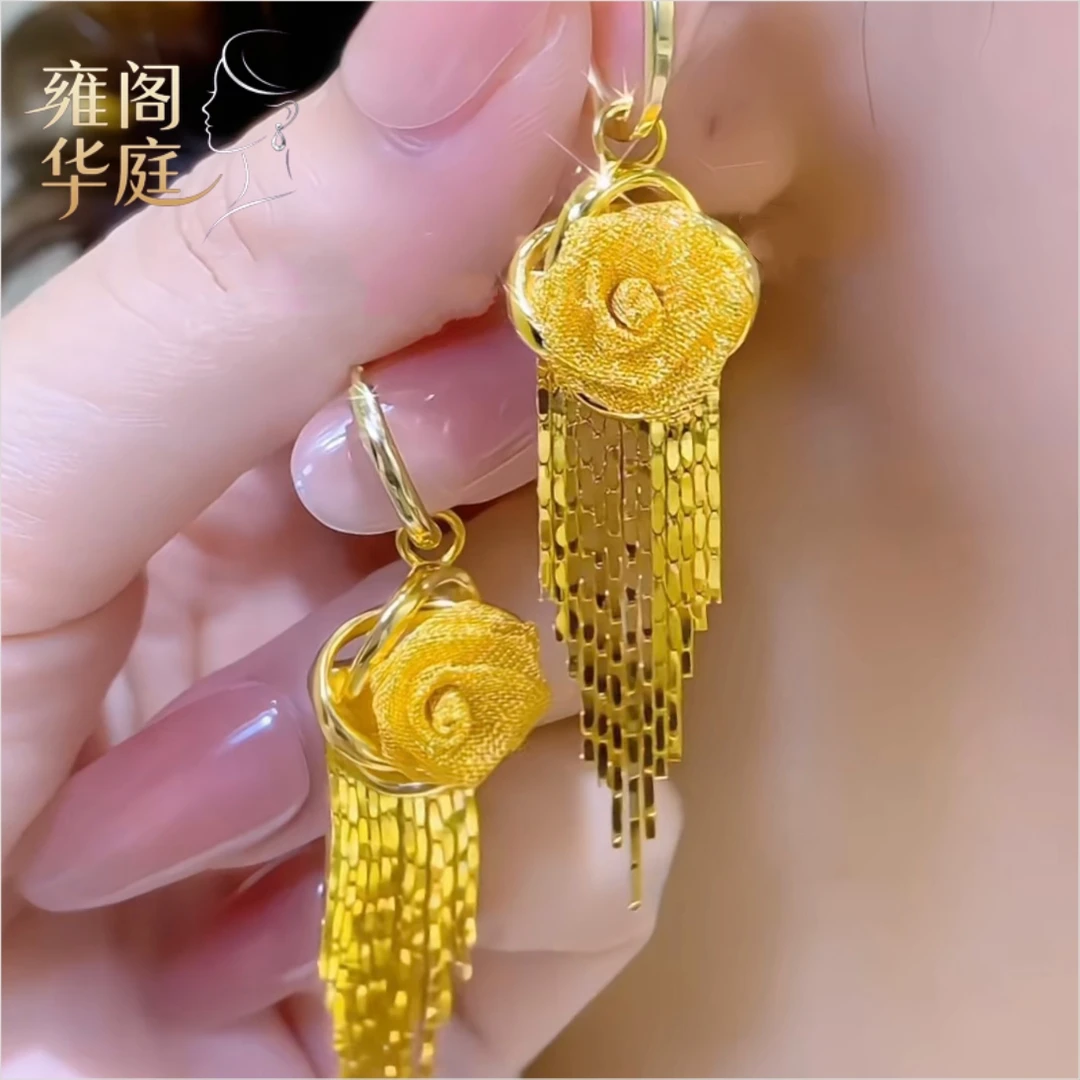 925银针金色网纱玫瑰花流苏耳环小众设计感气质百搭耳扣长款耳饰