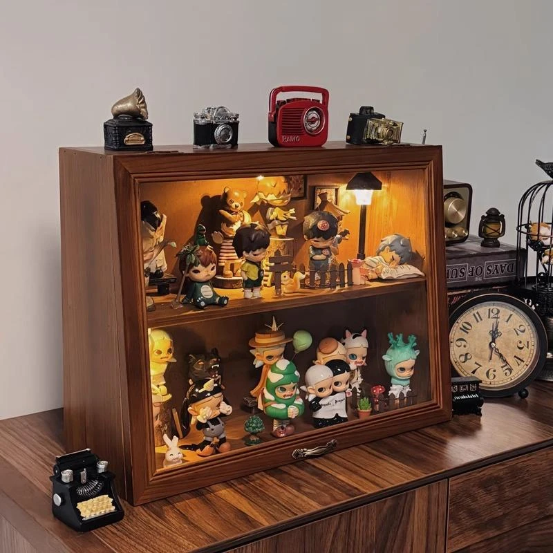 手办盲盒收纳柜复古怀旧风娃屋装饰柜子翻盖式实木置物柜