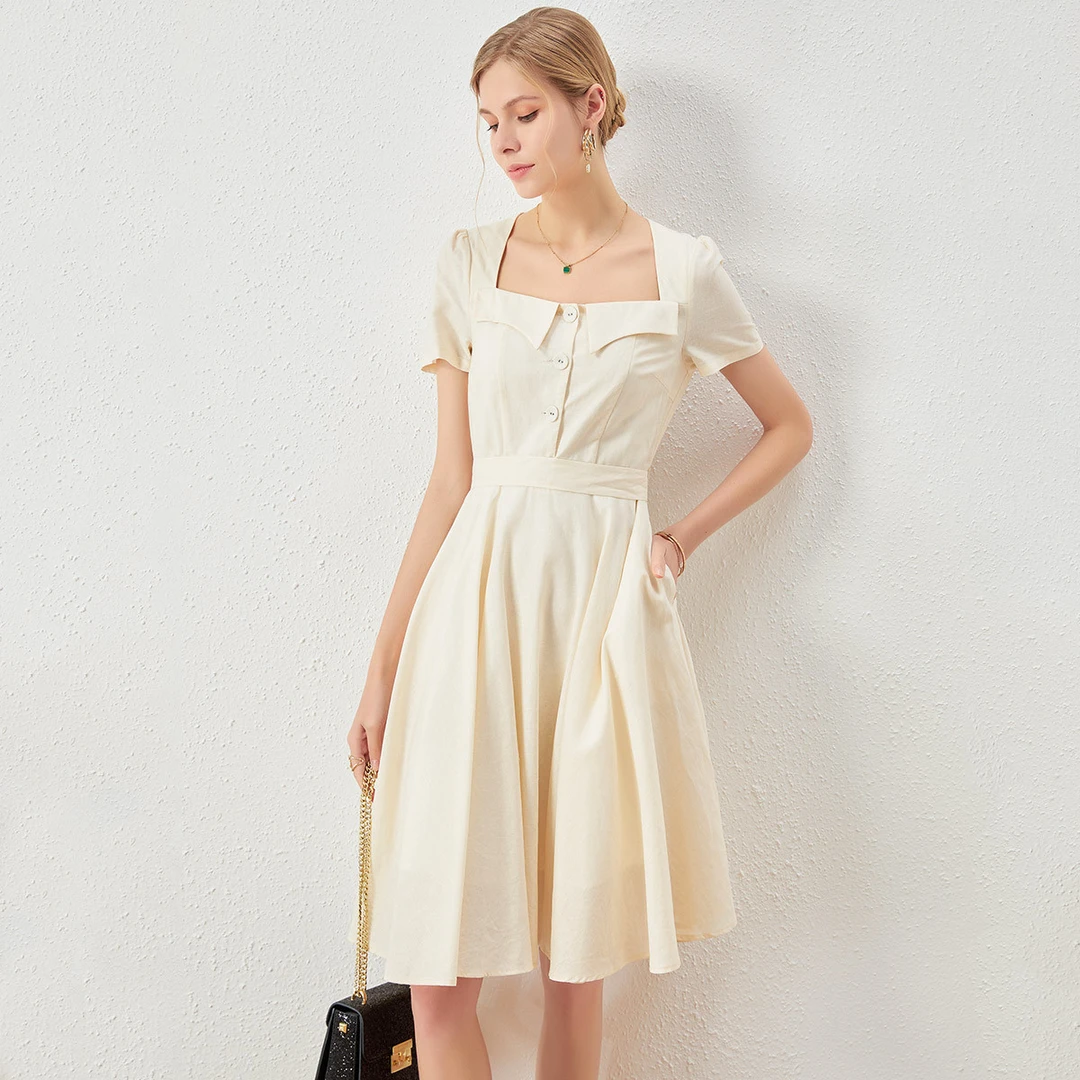 夏季复古气质方领短袖连衣裙女高腰修身大摆A字裙子22SAQ9472XS