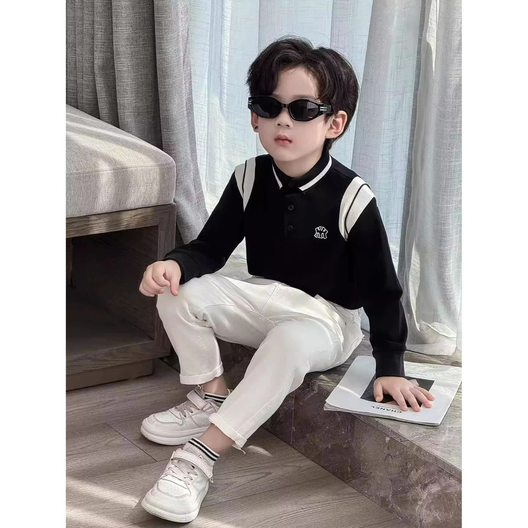 男童POLO衫2025新款儿童春秋翻领长袖T恤中大童装绣花休闲上衣潮