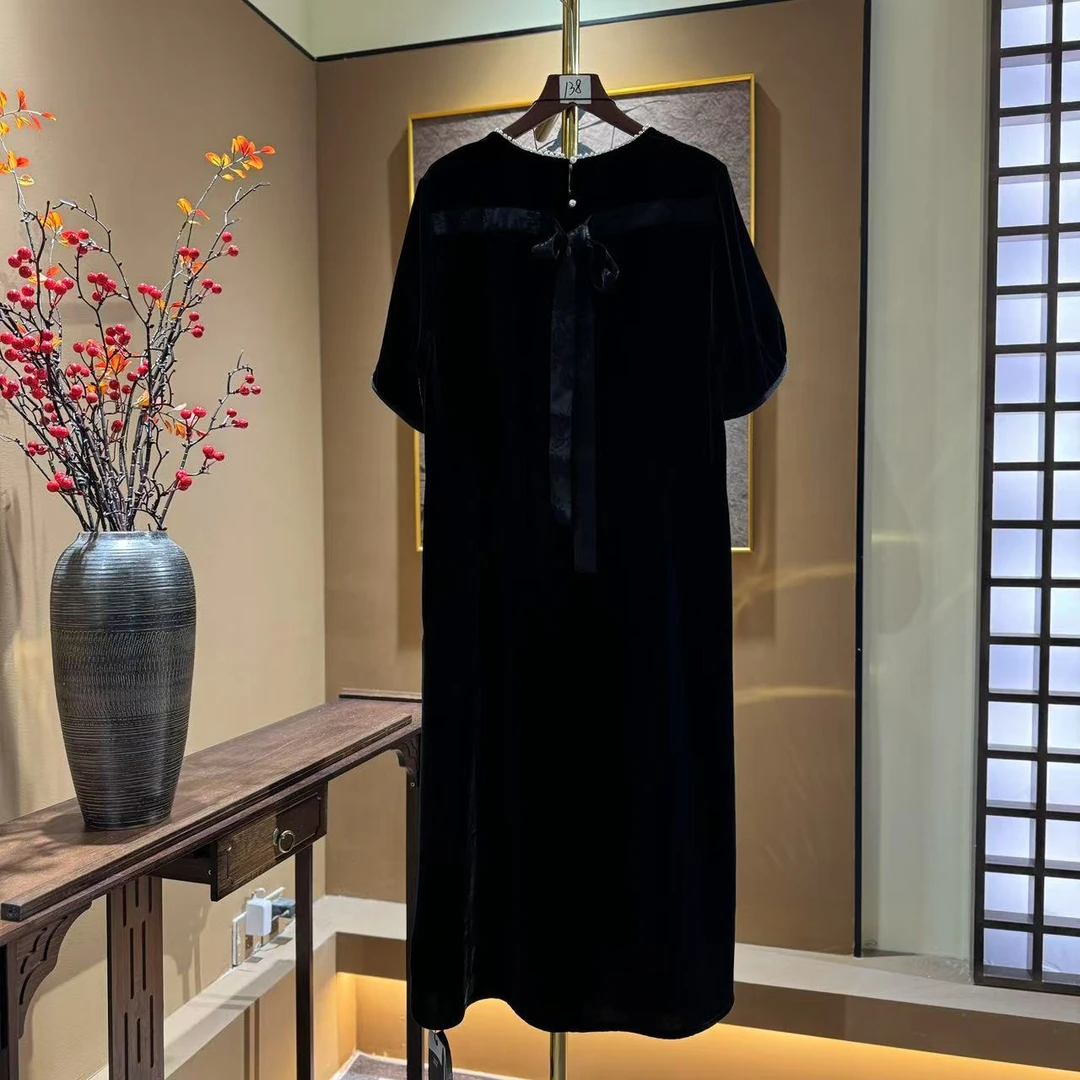 【中先森星星】100%桑蚕丝真丝丝绒蝴蝶结小香风圆领连衣裙女 587