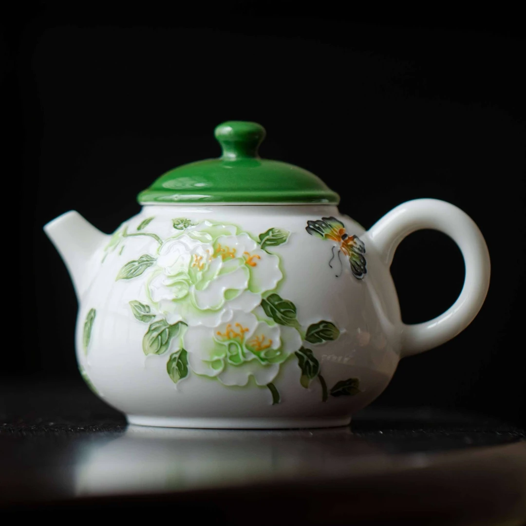 【绿妆茉莉】一念方知-手绘釉下彩西施壶  德化白瓷泡茶壶带过滤