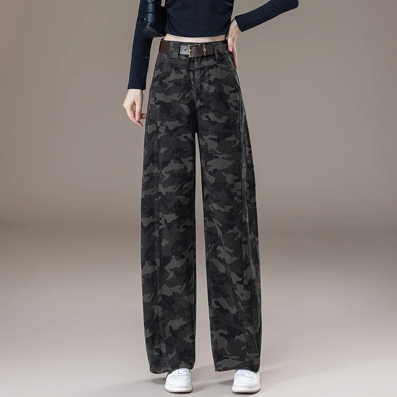迷彩裤女小个子2025秋季新款高腰宽松bf风牛仔工装直筒窄版阔腿裤