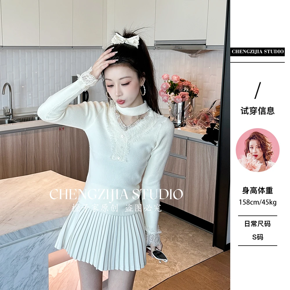 【裴诗婷】MY00138蕾丝拼接挂脖修身打毛衣