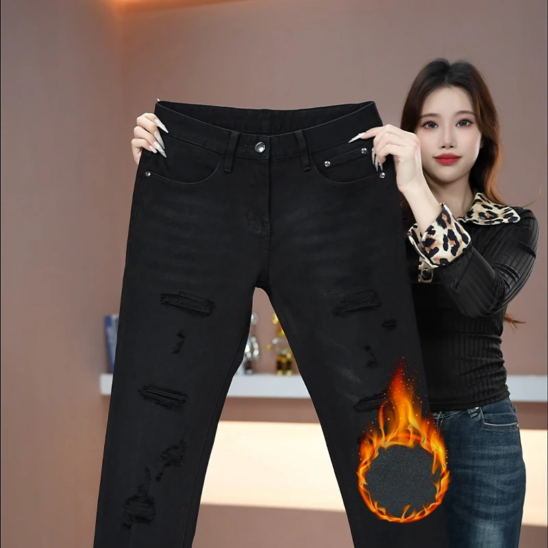 秋冬时尚保暖加厚假破洞男士牛仔裤修身潮流百搭高品质裤子冬季